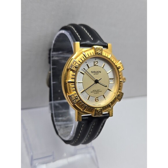 Gruen Sport Quartz Date Gold Tone Bezel 3ATM 100FT Mens Watch New Battery Analog - Picture 3 of 13
